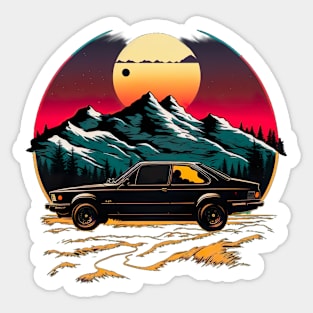 Vintage classic car in mountain roads during sunset Sticker